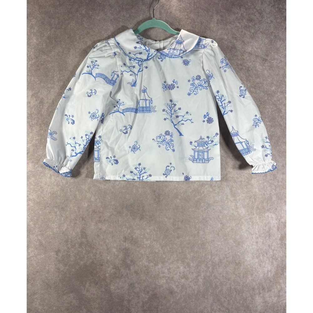The Beaufort Bonnet Company Blouse Girls 6 White Blue Chinoiserie Pagoda Collar